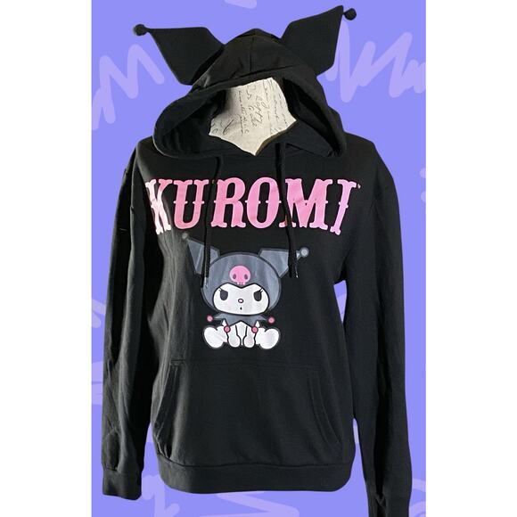 Sanrio Kuromi Amine Womens S Black Graphic Pullover Hoodie Sweatshirt w/ Ears - Picture 1 of 5